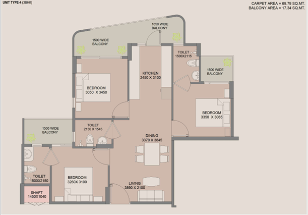 WAL Serenia 3 BHK Floor Plan 1250 Sq Ft